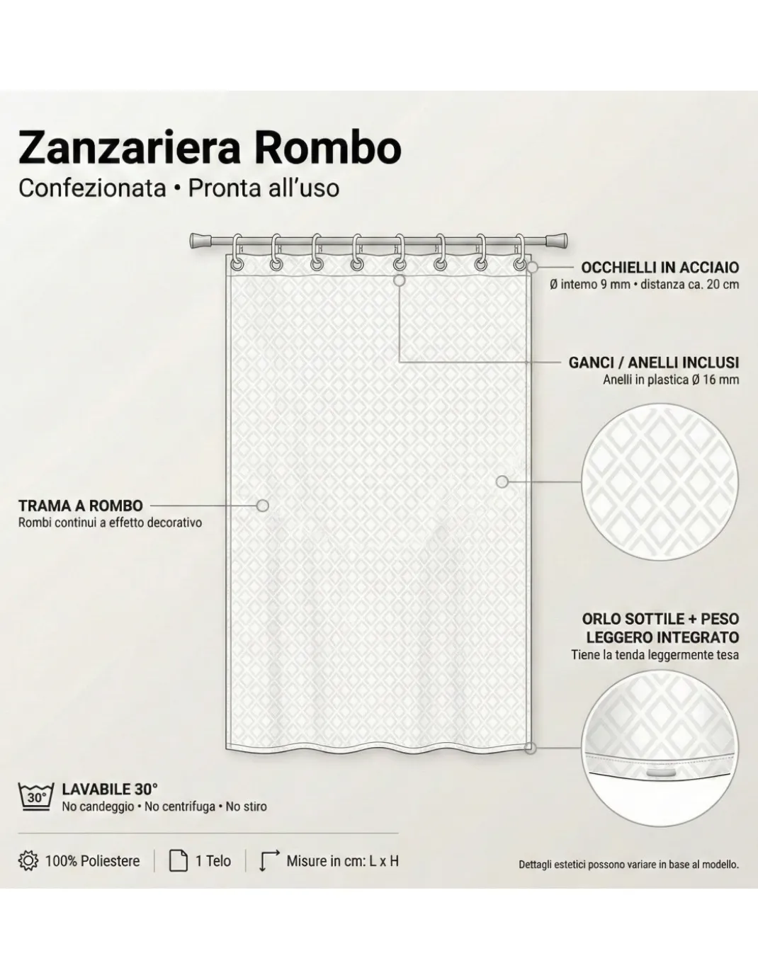 TENDA rete ZANZARIERA a ROMBO da esterno piombata in 8 misure diverse unito GRIGIO