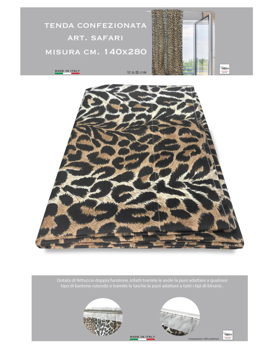 TENDA SAFARI MACULATA CM. 140X280 LEOPARDATA MADE IN ITALY