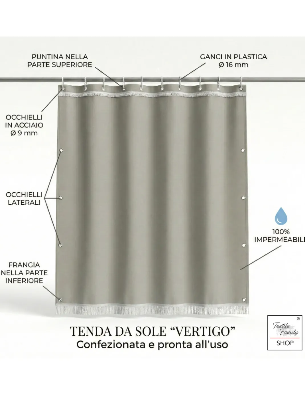 TENDA SOLE VERTIGO da esterno GIARDINO balcone GRIGIO UNITO impermeabile e idrorepellente