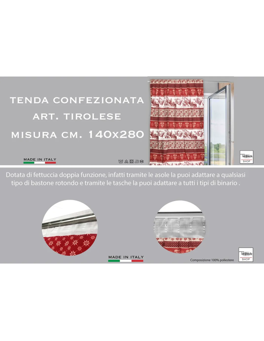 TENDA TIROLESE ROSSA in stile montanaro CM. 180X280 MADE IN ITALY