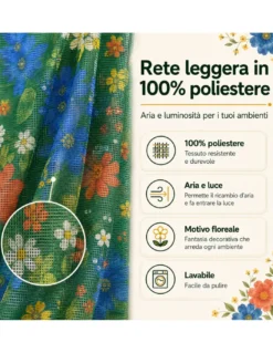 Tenda Zanzariera Floreale Verde 150x250 cm per Porta Finestra, Rete Anti Insetti 100% Poliestere con Occhielli e Ganci