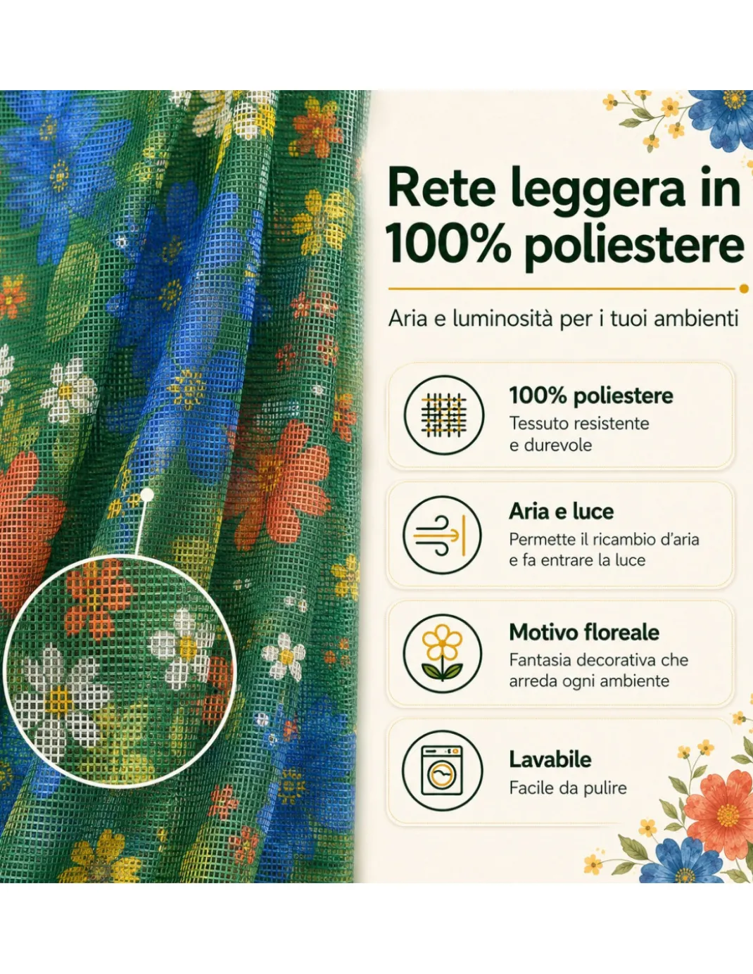 Tenda Zanzariera Floreale Verde 150x250 cm per Porta Finestra, Rete Anti Insetti 100% Poliestere con Occhielli e Ganci