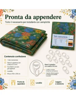 Tenda Zanzariera Floreale Verde 150x250 cm per Porta Finestra, Rete Anti Insetti 100% Poliestere con Occhielli e Ganci