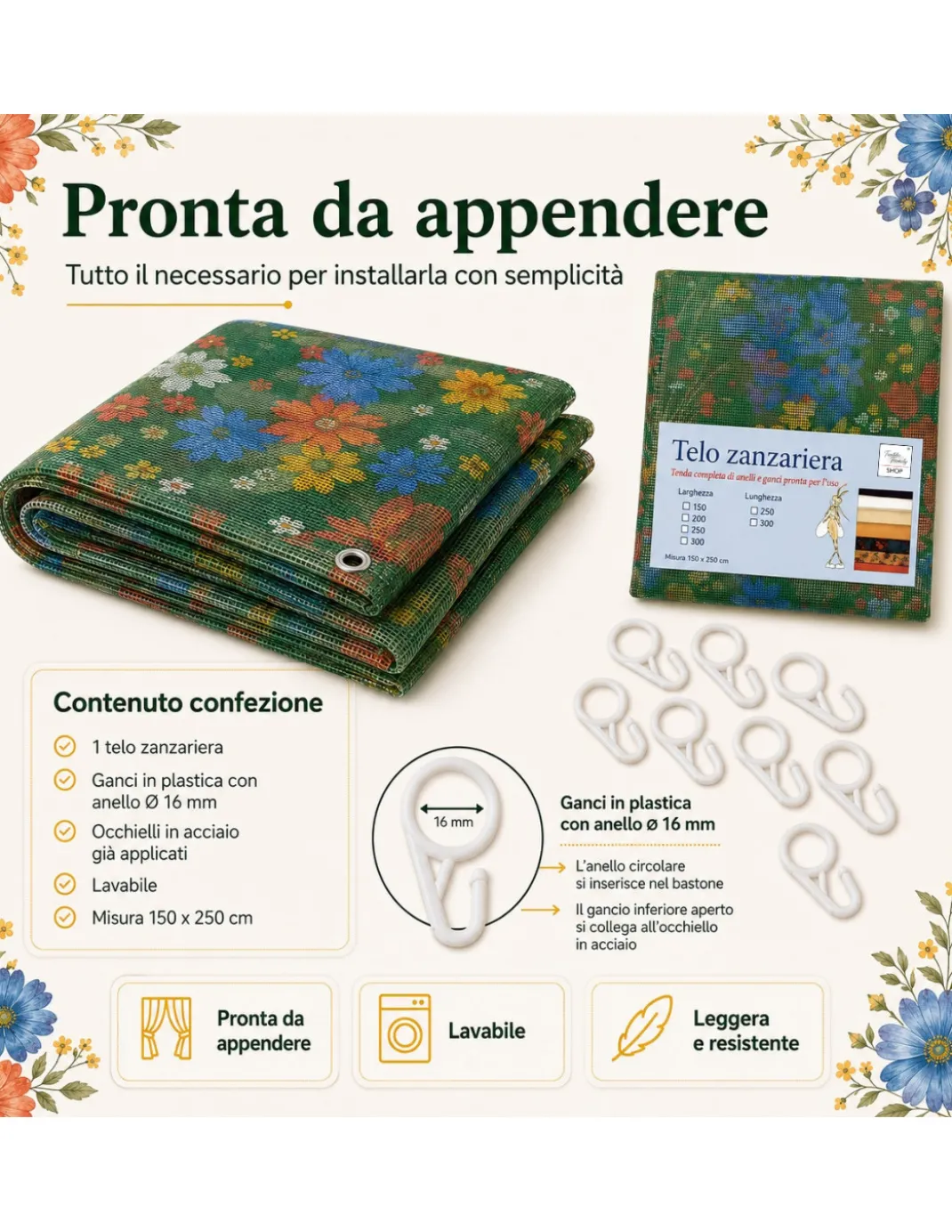 Tenda Zanzariera Floreale Verde 150x250 cm per Porta Finestra, Rete Anti Insetti 100% Poliestere con Occhielli e Ganci
