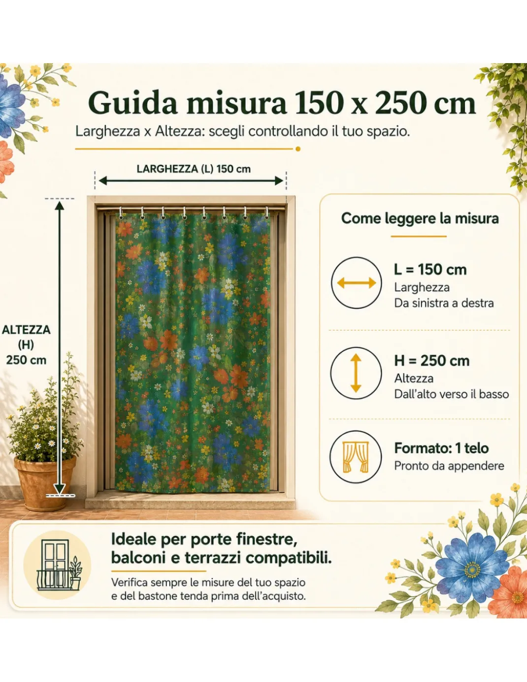 Tenda Zanzariera Floreale Verde 150x250 cm per Porta Finestra, Rete Anti Insetti 100% Poliestere con Occhielli e Ganci