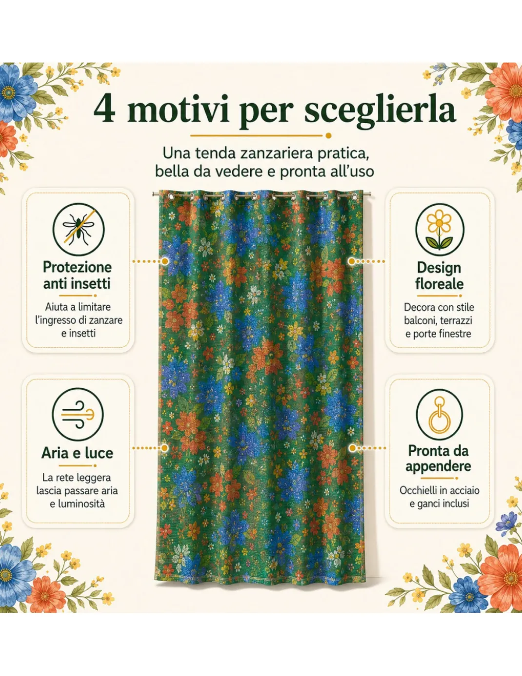 Tenda Zanzariera Floreale Verde 150x250 cm per Porta Finestra, Rete Anti Insetti 100% Poliestere con Occhielli e Ganci
