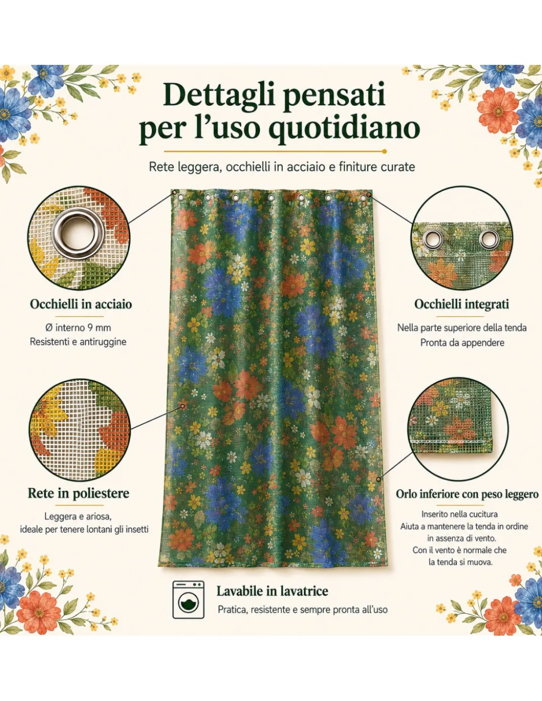 Tenda Zanzariera Floreale Verde 150x250 cm per Porta Finestra, Rete Anti Insetti 100% Poliestere con Occhielli e Ganci