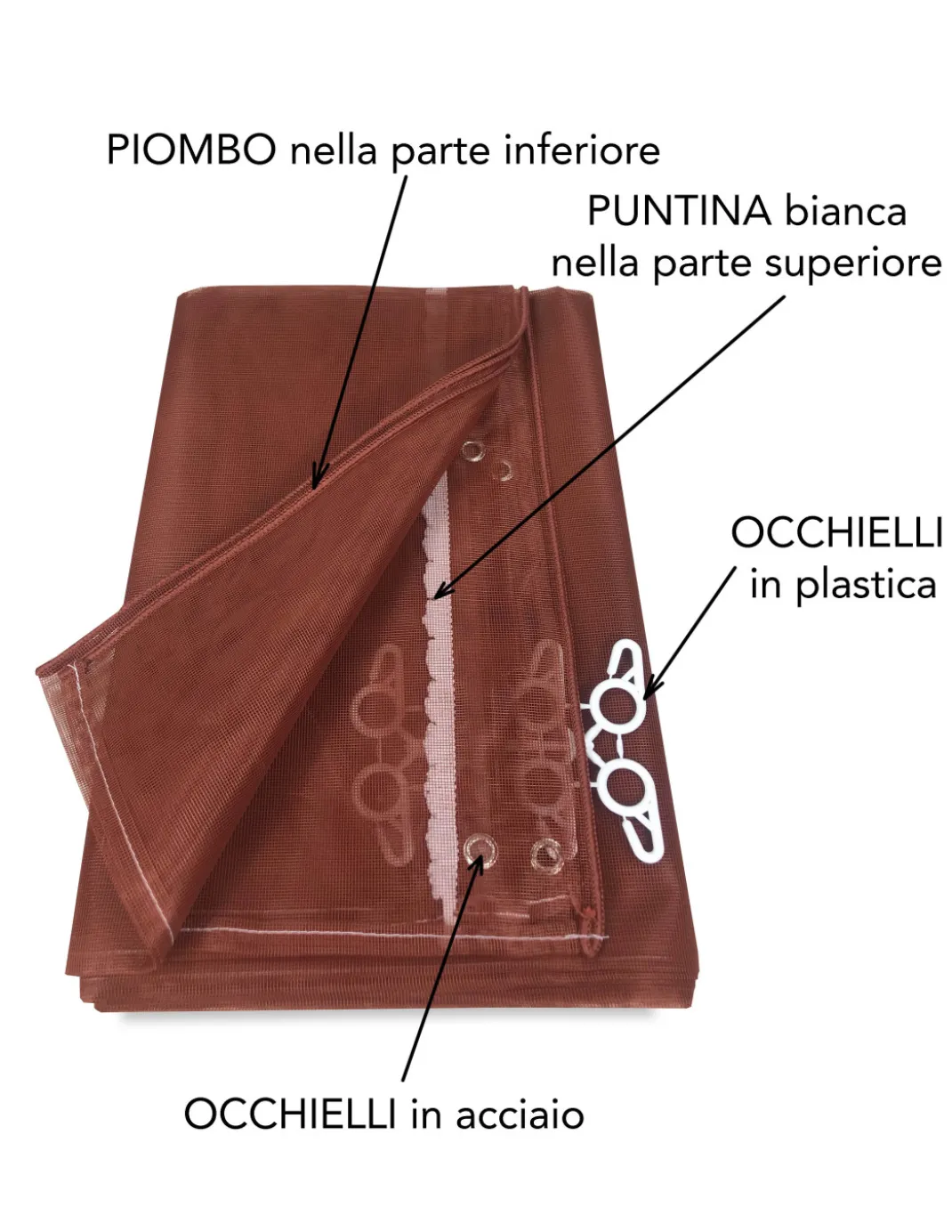 Tenda Zanzariera Marrone Unito - Rete Marquisette Fitta 100% Poliestere - Occhielli Acciaio, Pronta all'Uso, Made in Italy