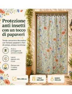 Tenda Zanzariera Papaveri 150x250 cm, Rete Anti Insetti 100% Poliestere, Occhielli Acciaio, Ganci Inclusi