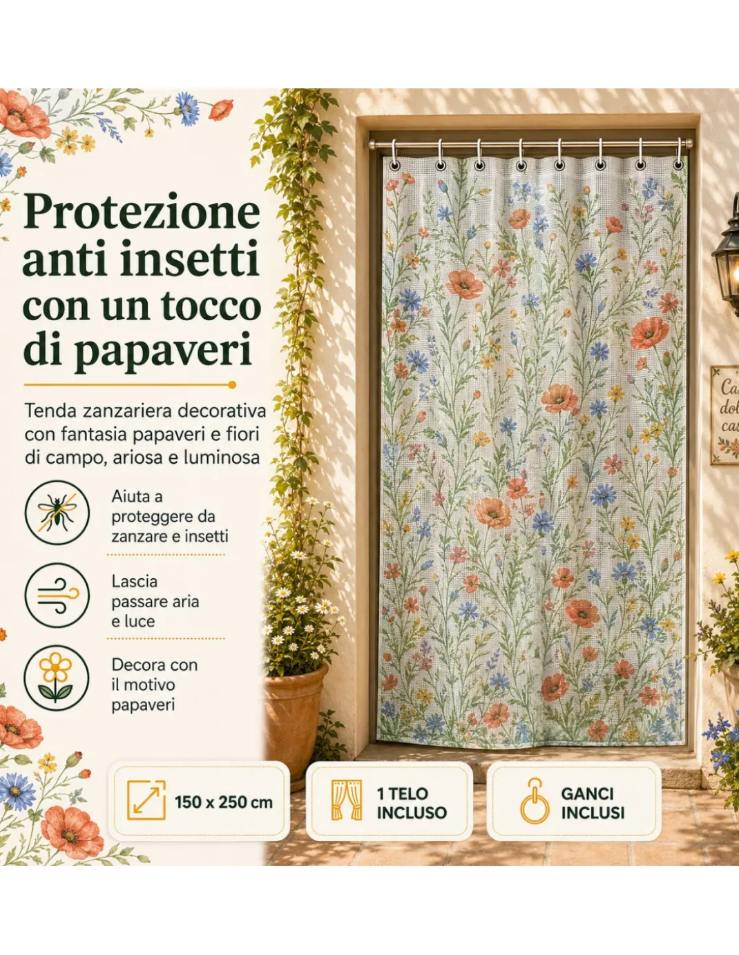 Tenda Zanzariera Papaveri 150x250 cm, Rete Anti Insetti 100% Poliestere, Occhielli Acciaio, Ganci Inclusi
