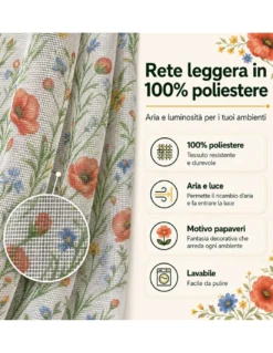 Tenda Zanzariera Papaveri 150x250 cm, Rete Anti Insetti 100% Poliestere, Occhielli Acciaio, Ganci Inclusi