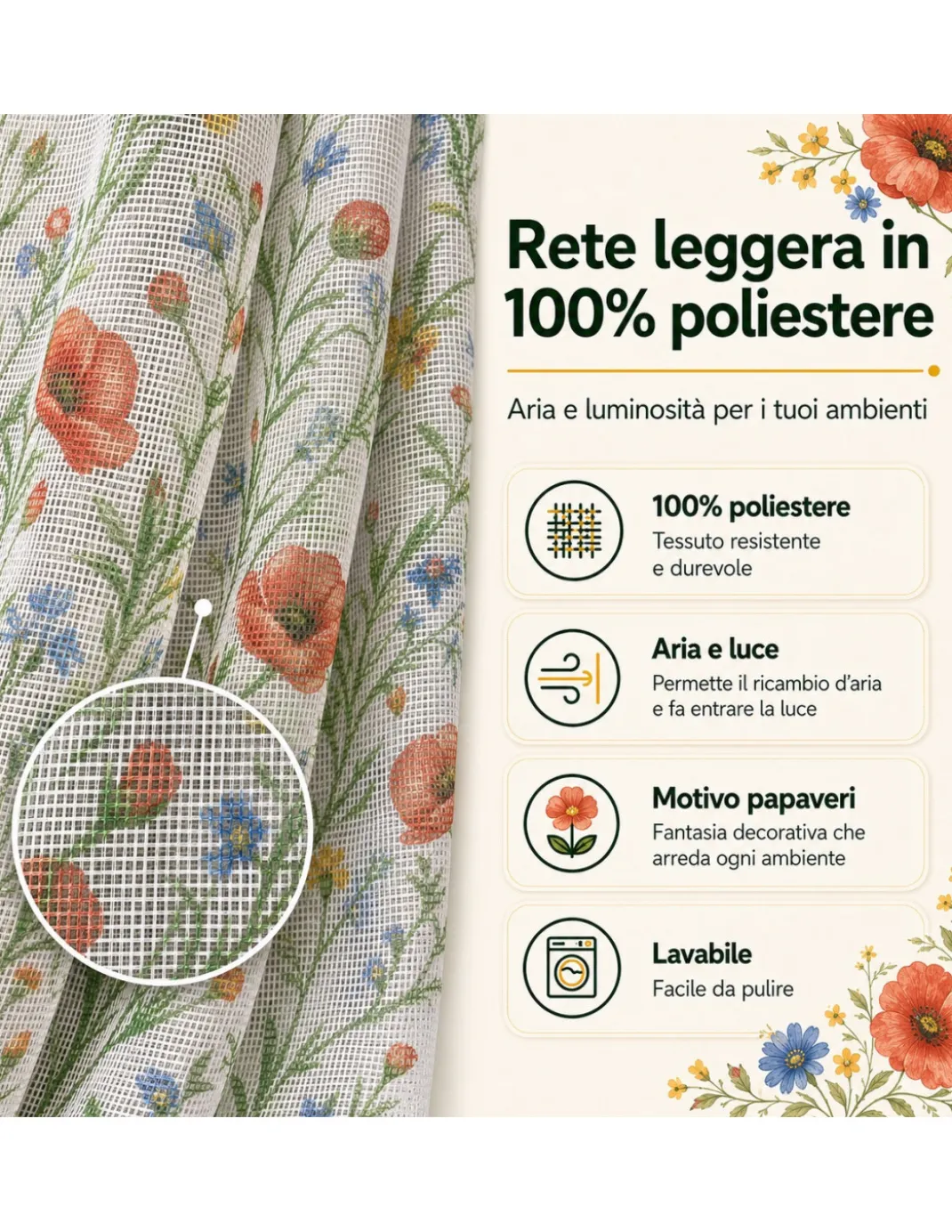 Tenda Zanzariera Papaveri 150x250 cm, Rete Anti Insetti 100% Poliestere, Occhielli Acciaio, Ganci Inclusi