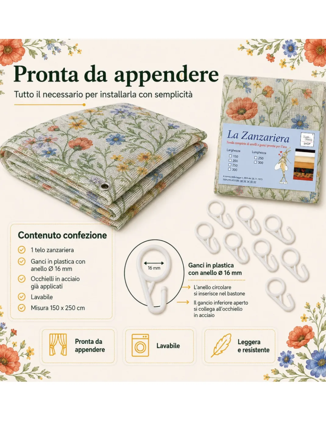 Tenda Zanzariera Papaveri 150x250 cm, Rete Anti Insetti 100% Poliestere, Occhielli Acciaio, Ganci Inclusi