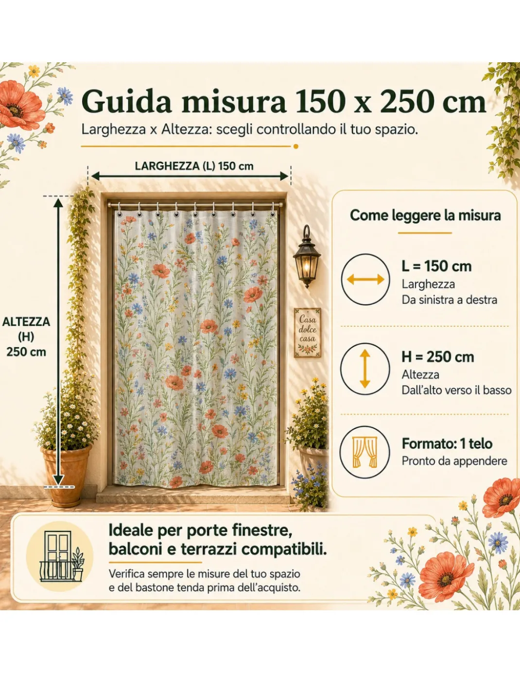 Tenda Zanzariera Papaveri 150x250 cm, Rete Anti Insetti 100% Poliestere, Occhielli Acciaio, Ganci Inclusi