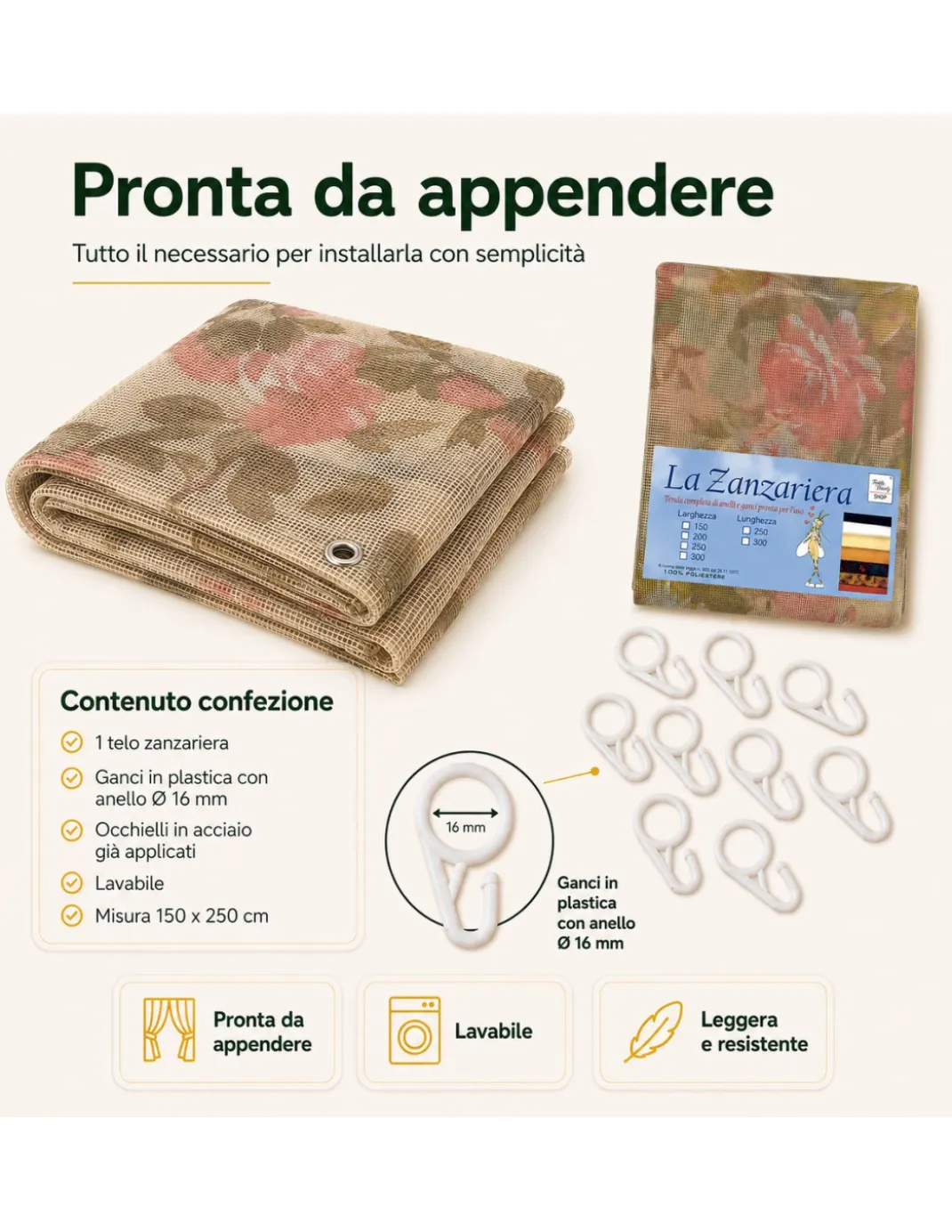 Tenda Zanzariera Sanderson 150x250 cm, Rete Anti Insetti 100% Poliestere, Occhielli Acciaio, Ganci Inclusi
