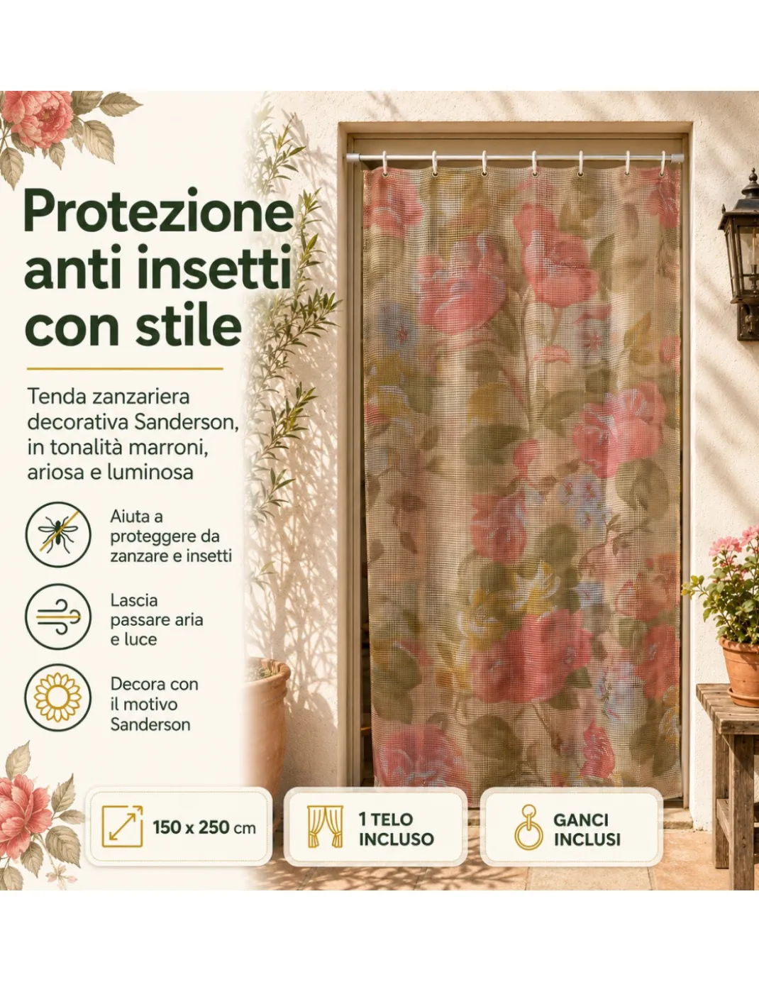 Tenda Zanzariera Sanderson 150x250 cm, Rete Anti Insetti 100% Poliestere, Occhielli Acciaio, Ganci Inclusi