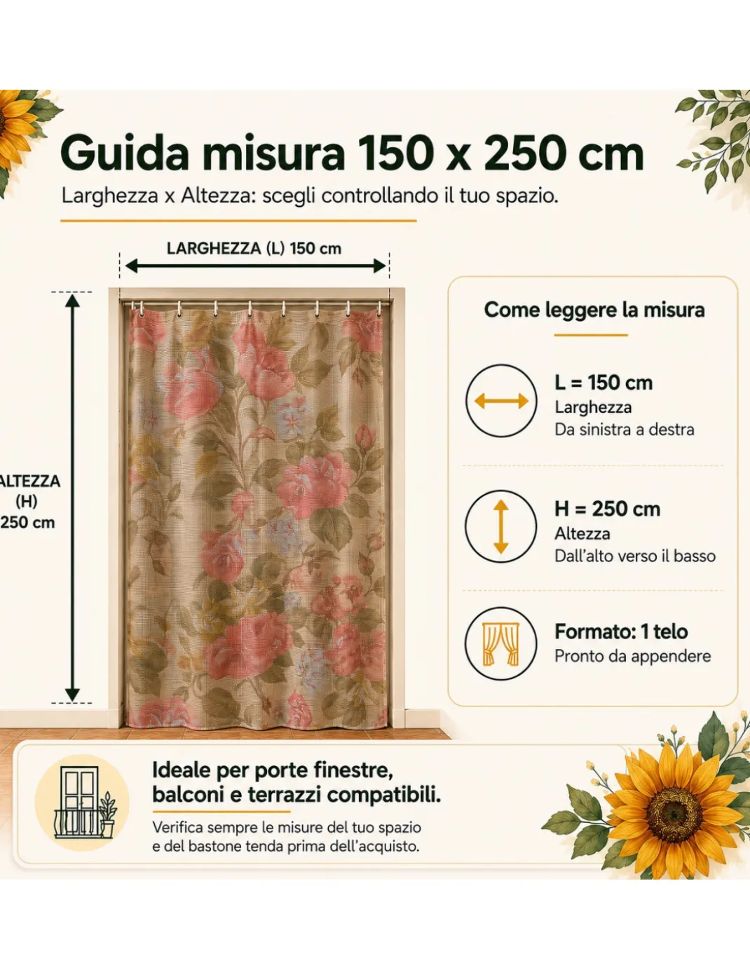 Tenda Zanzariera Sanderson 150x250 cm, Rete Anti Insetti 100% Poliestere, Occhielli Acciaio, Ganci Inclusi
