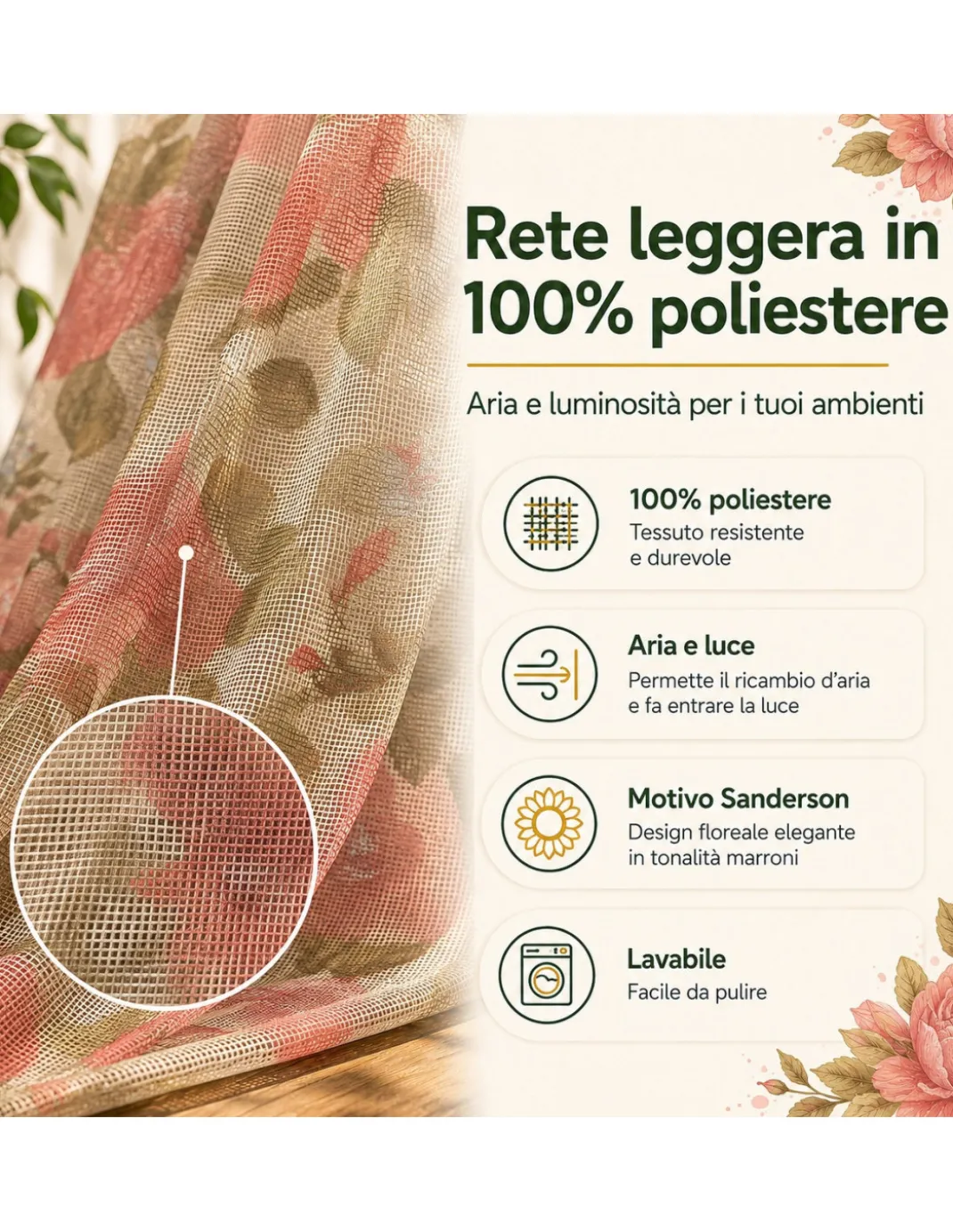 Tenda Zanzariera Sanderson 150x250 cm, Rete Anti Insetti 100% Poliestere, Occhielli Acciaio, Ganci Inclusi