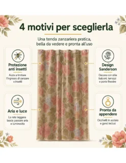 Tenda Zanzariera Sanderson 150x250 cm, Rete Anti Insetti 100% Poliestere, Occhielli Acciaio, Ganci Inclusi
