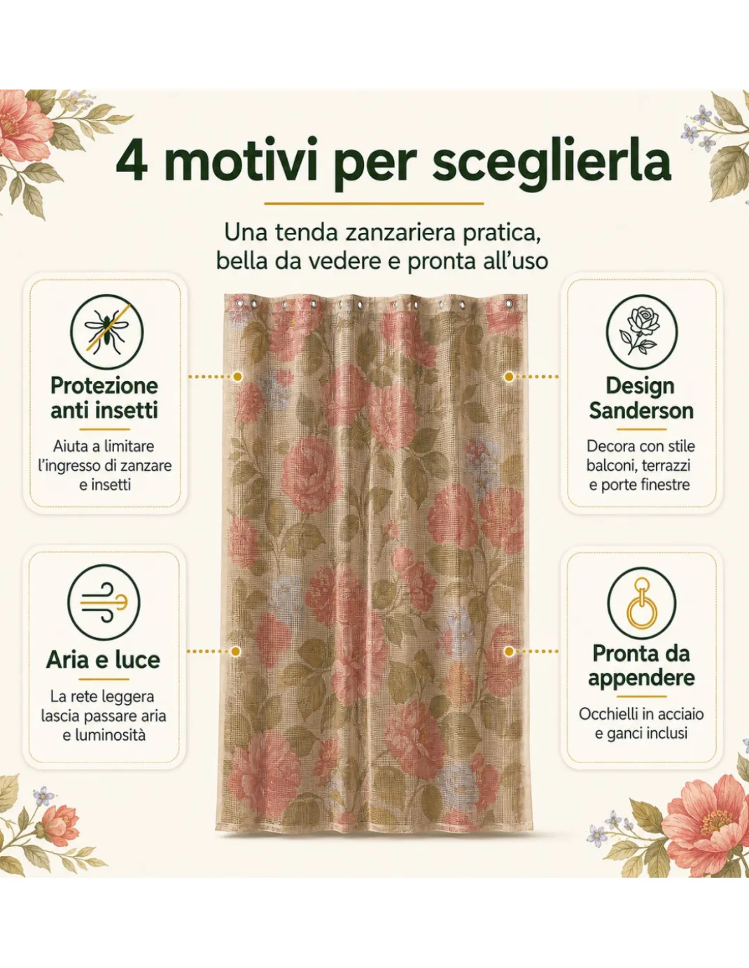 Tenda Zanzariera Sanderson 150x250 cm, Rete Anti Insetti 100% Poliestere, Occhielli Acciaio, Ganci Inclusi
