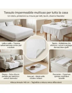 Tessuto Impermeabile Spugna Cotone PVC 3mm - Coprimaterasso, Salva Divano, Protezione Culla e Pet - Made in Italy