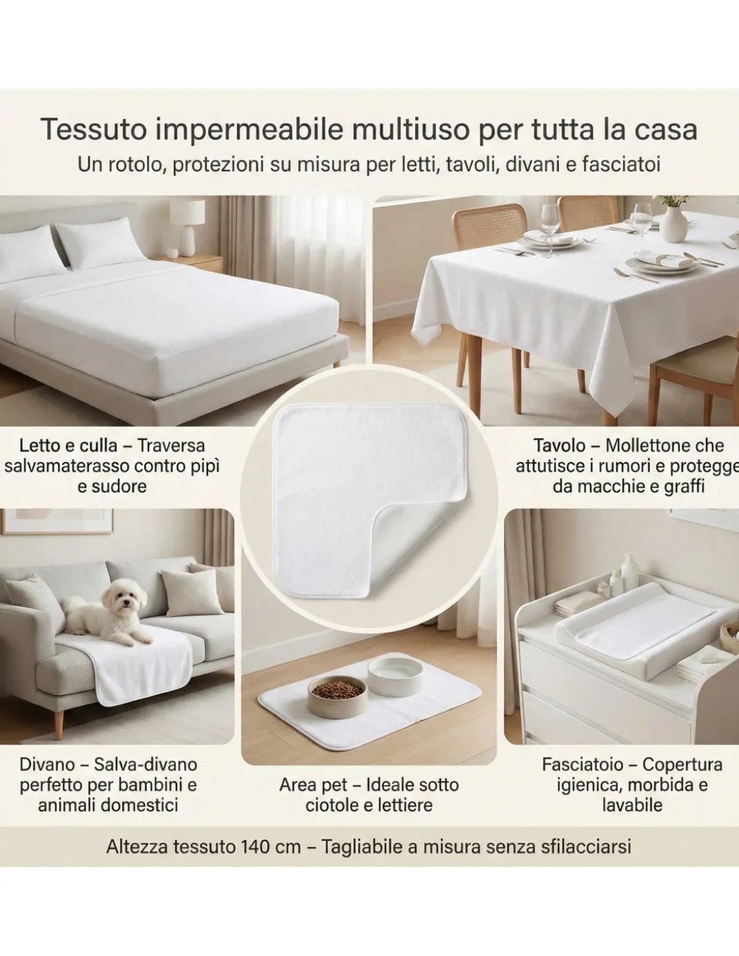 Tessuto Impermeabile Spugna Cotone PVC 3mm - Coprimaterasso, Salva Divano, Protezione Culla e Pet - Made in Italy