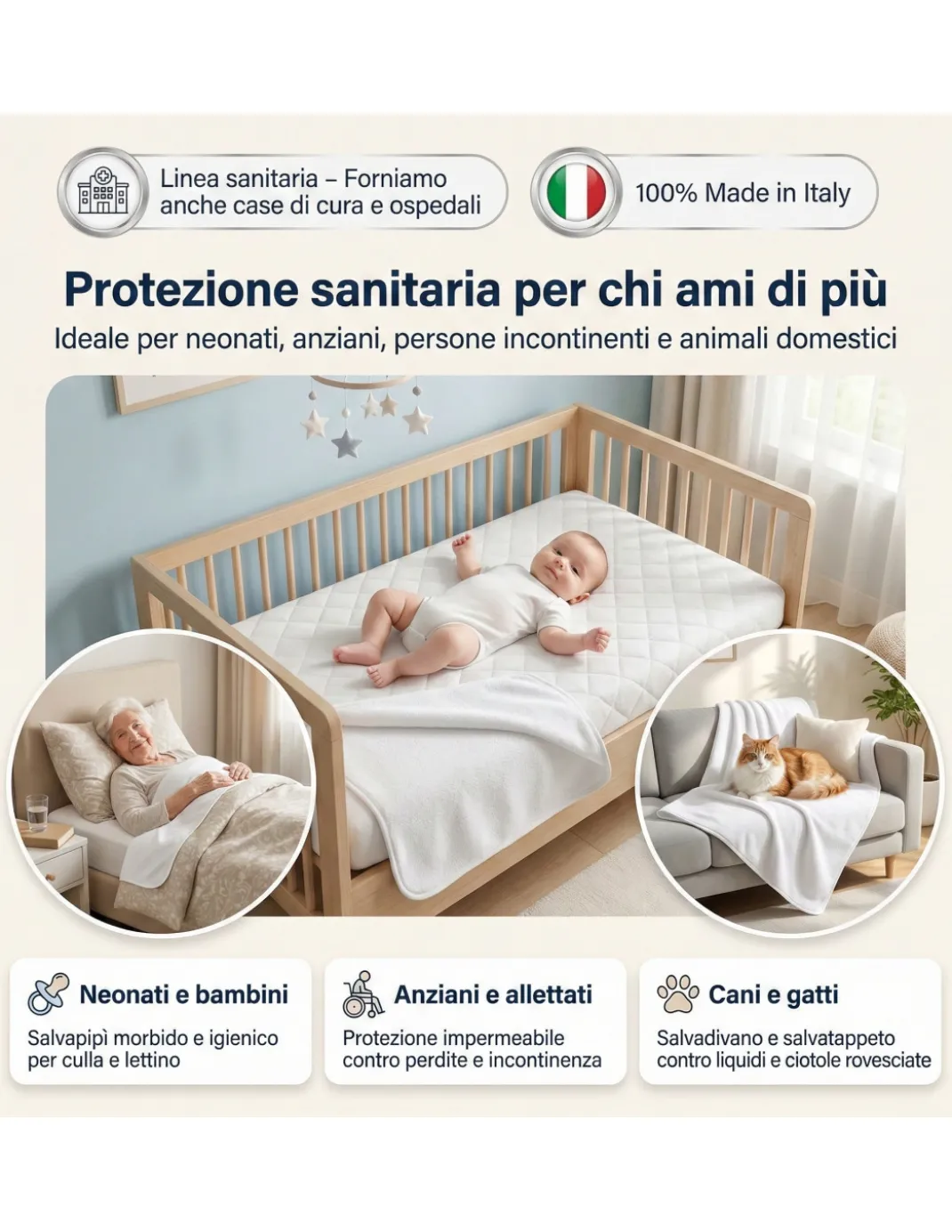 Tessuto Impermeabile Spugna Cotone PVC 3mm - Coprimaterasso, Salva Divano, Protezione Culla e Pet - Made in Italy