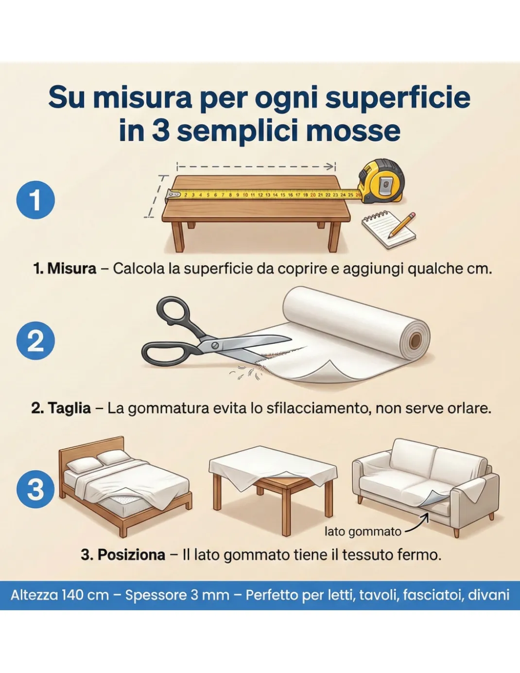 Tessuto Impermeabile Spugna Cotone PVC 3mm - Coprimaterasso, Salva Divano, Protezione Culla e Pet - Made in Italy