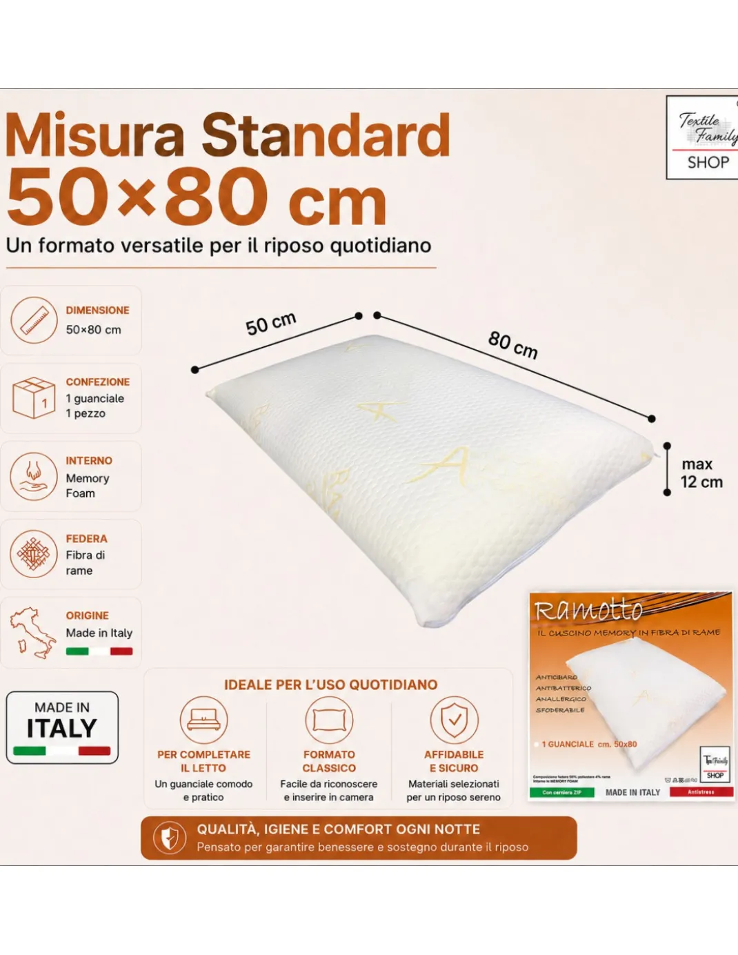 Tex Family Ramotto Guanciale Memory Fibra di Rame 50x80, Sfoderabile, Antiacaro, Made in Italy