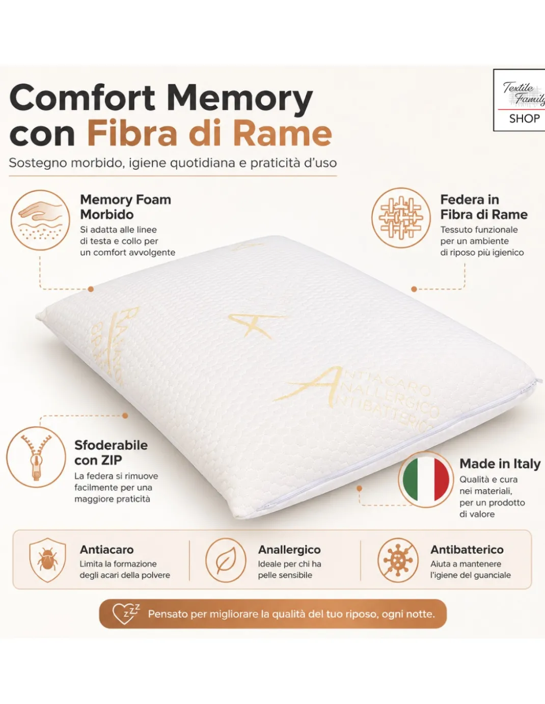 Tex Family Ramotto Guanciale Memory Fibra di Rame 50x80, Sfoderabile, Antiacaro, Made in Italy