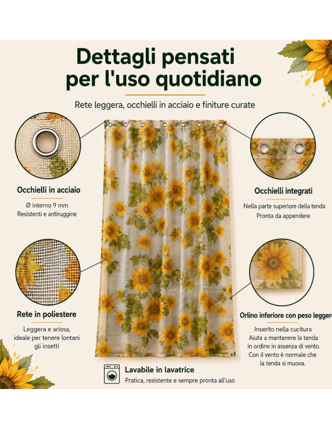 Tex Family Tenda Zanzariera Girasoli 150x250 cm, Rete Anti Insetti 100% Poliestere, Occhielli Acciaio, Ganci Inclusi