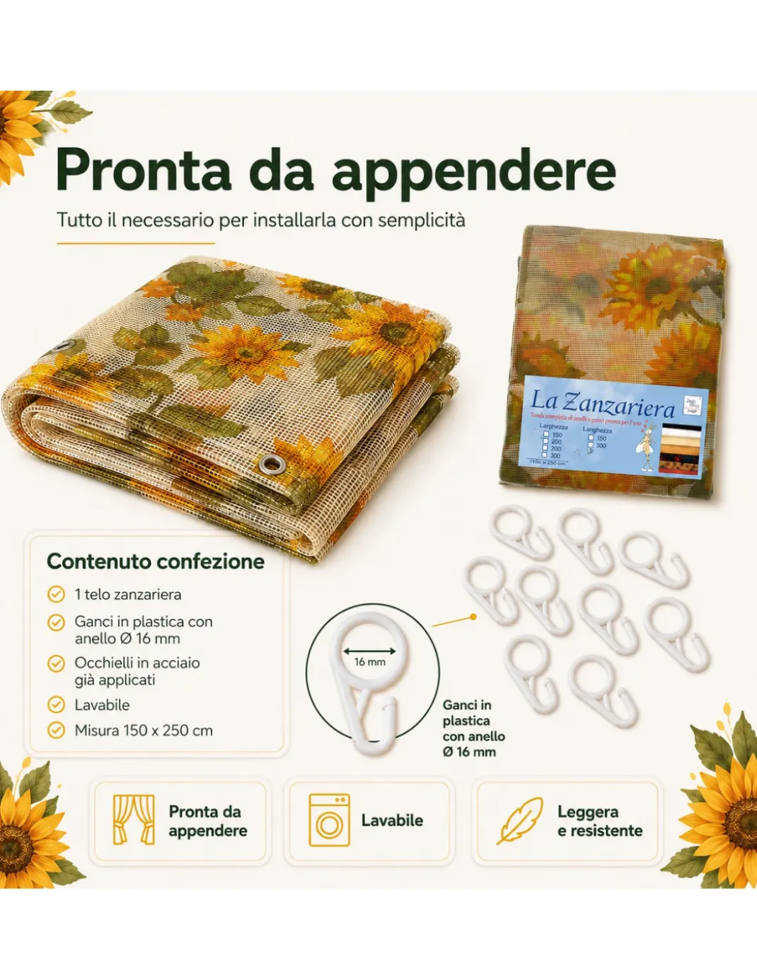 Tex Family Tenda Zanzariera Girasoli 150x250 cm, Rete Anti Insetti 100% Poliestere, Occhielli Acciaio, Ganci Inclusi