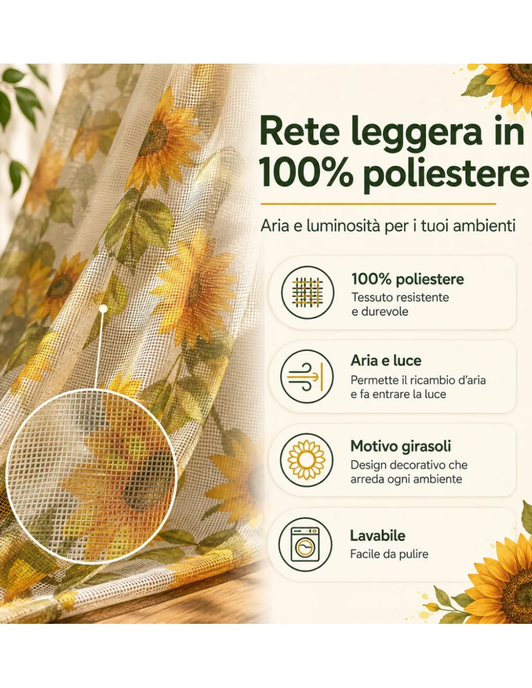 Tex Family Tenda Zanzariera Girasoli 150x250 cm, Rete Anti Insetti 100% Poliestere, Occhielli Acciaio, Ganci Inclusi