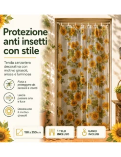 Tex Family Tenda Zanzariera Girasoli 150x250 cm, Rete Anti Insetti 100% Poliestere, Occhielli Acciaio, Ganci Inclusi