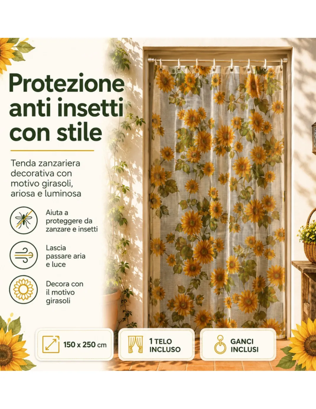 Tex Family Tenda Zanzariera Girasoli 150x250 cm, Rete Anti Insetti 100% Poliestere, Occhielli Acciaio, Ganci Inclusi