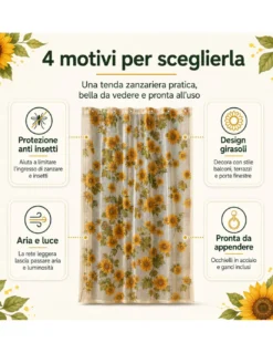Tex Family Tenda Zanzariera Girasoli 150x250 cm, Rete Anti Insetti 100% Poliestere, Occhielli Acciaio, Ganci Inclusi