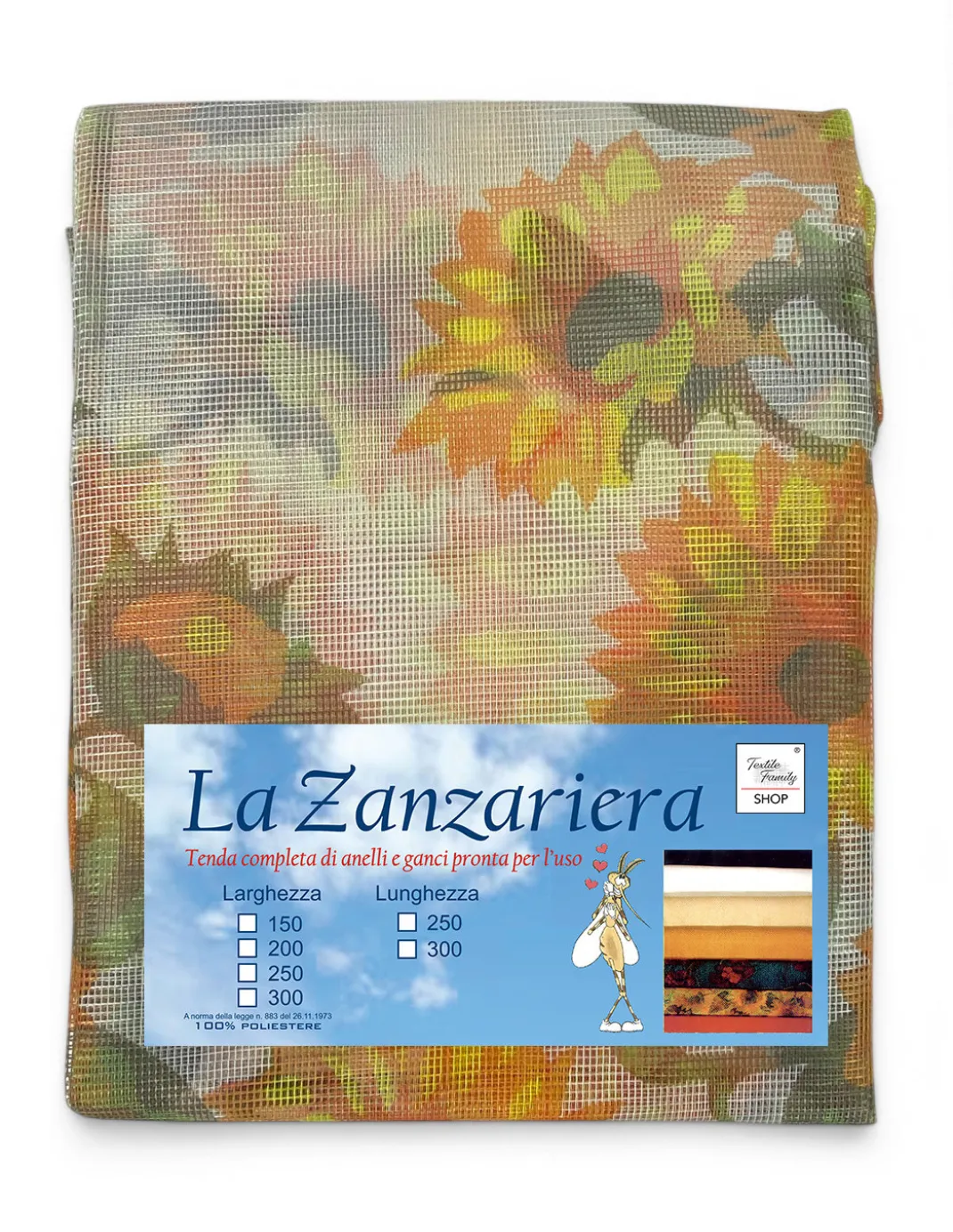 Tex Family Tenda Zanzariera Girasoli 150x250 cm, Rete Anti Insetti 100% Poliestere, Occhielli Acciaio, Ganci Inclusi
