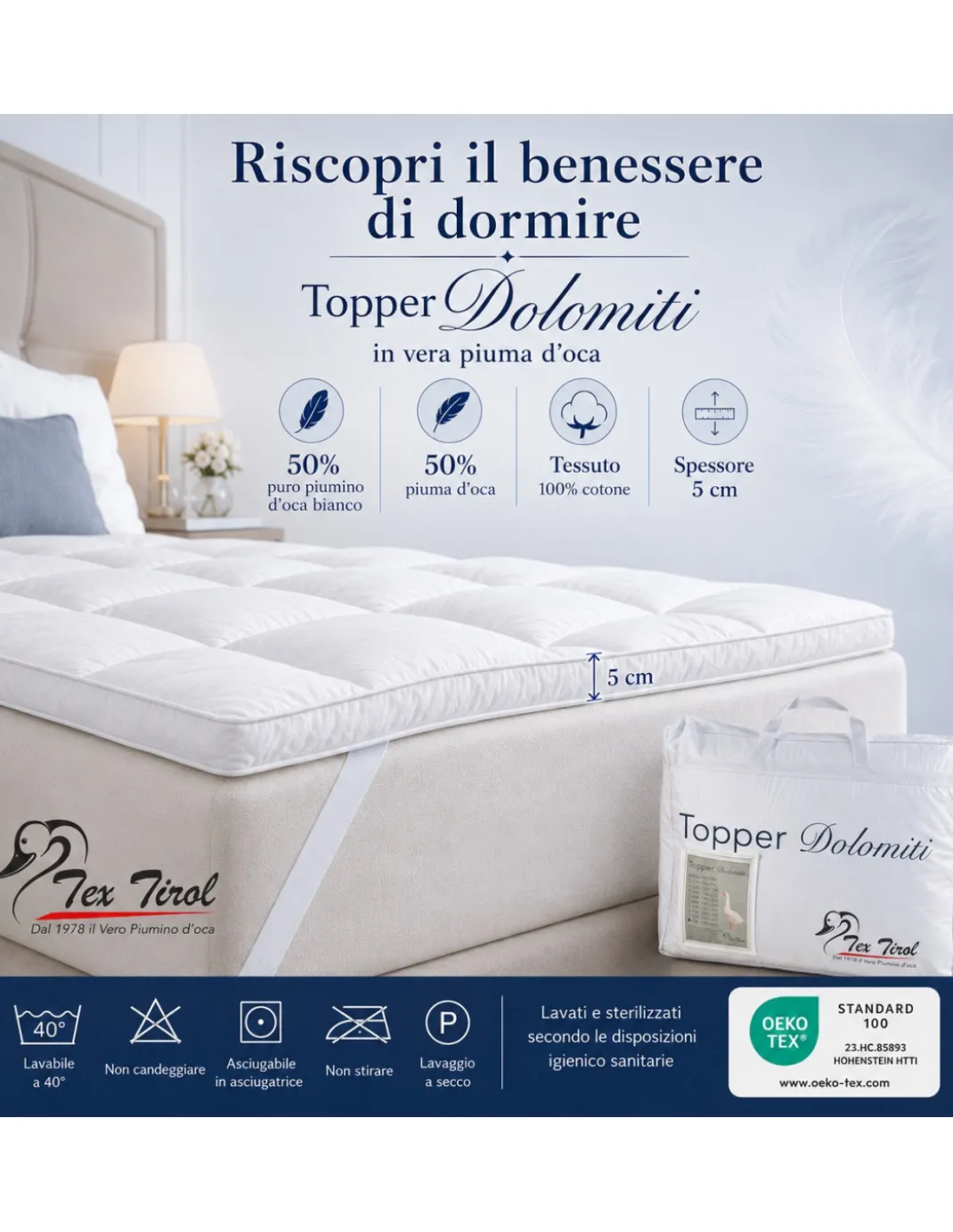 TOPPER per Materasso in PIUMINO Oca TEX TIROL © DOLOMITI 50% Piumino Oca / 50% Piuma Oca