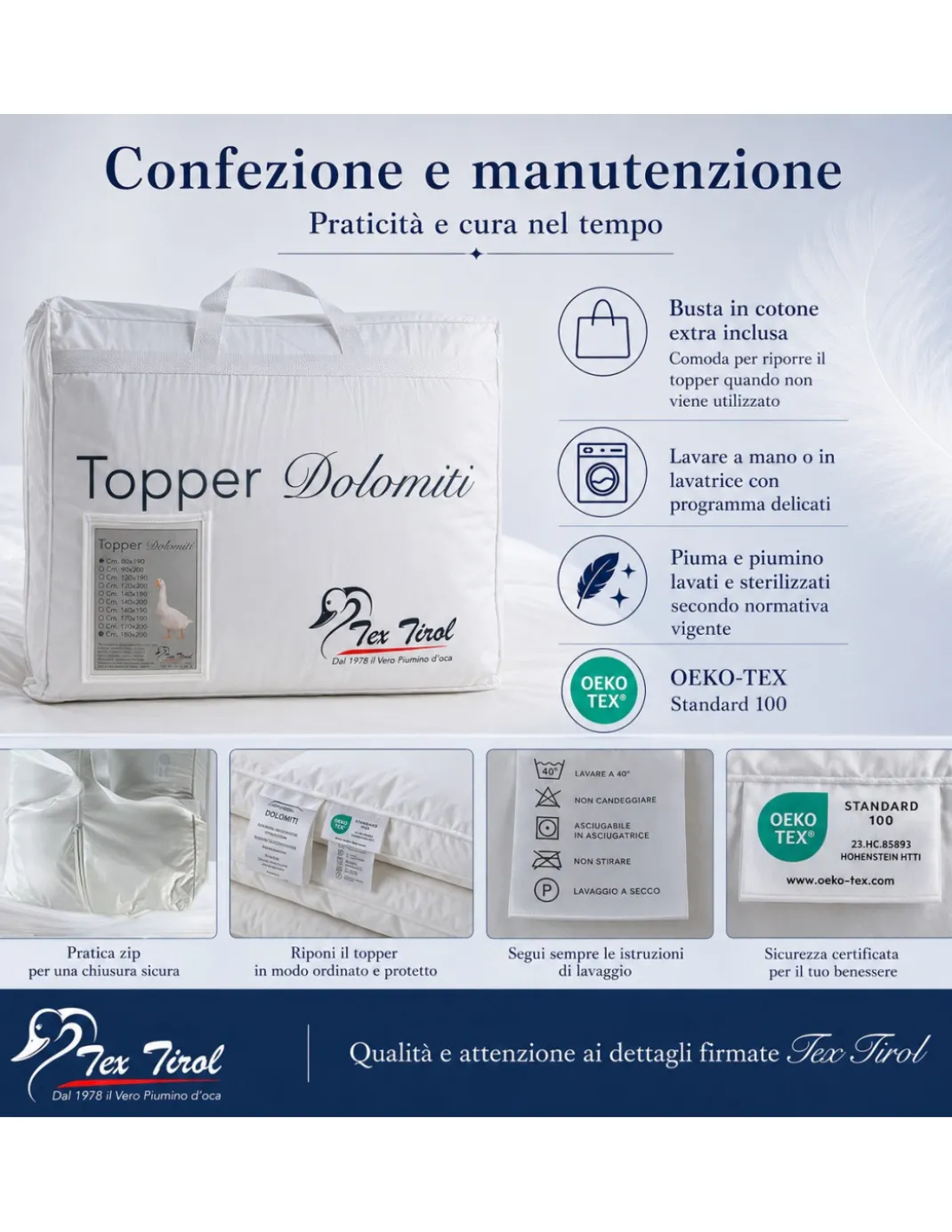 TOPPER per Materasso in PIUMINO Oca TEX TIROL © DOLOMITI 50% Piumino Oca / 50% Piuma Oca