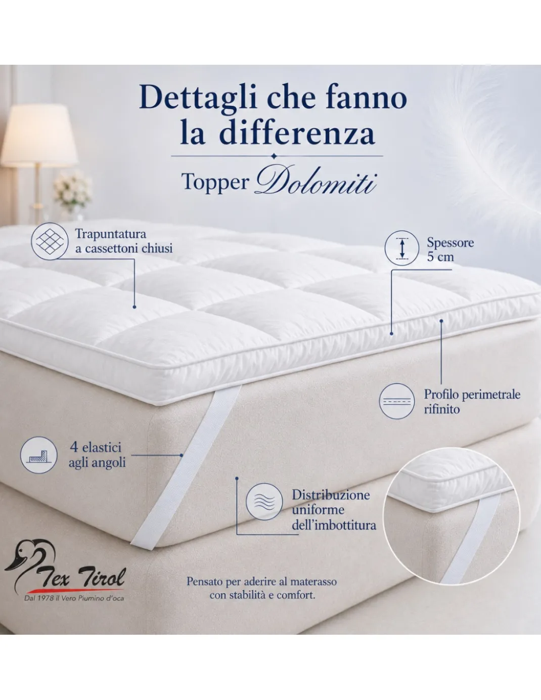 TOPPER per Materasso in PIUMINO Oca TEX TIROL © DOLOMITI 50% Piumino Oca / 50% Piuma Oca