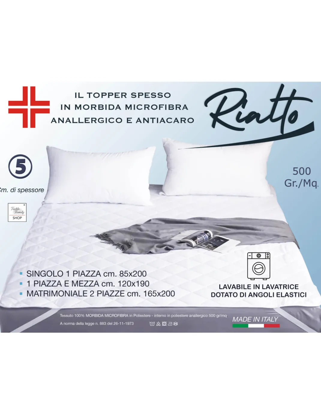 TOPPER RIALTO Per Materasso in Microfibra 500 Grammi al Metro Correttore Trapuntato spessore 5 cm. Anallergico Made in Italy