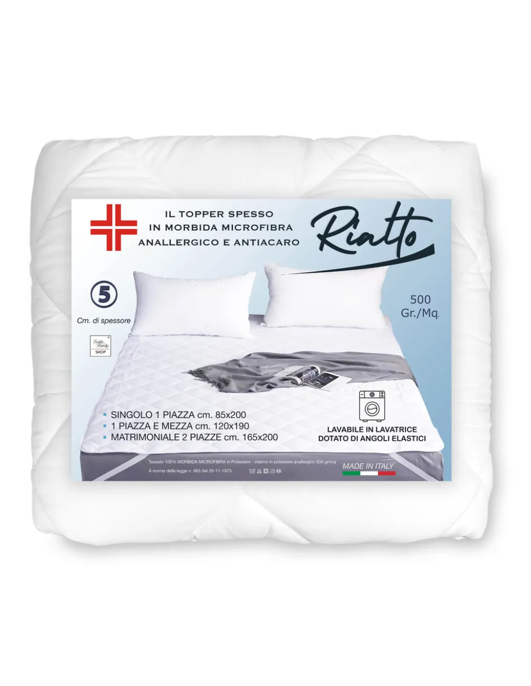 TOPPER RIALTO Per Materasso in Microfibra 500 Grammi al Metro Correttore Trapuntato spessore 5 cm. Anallergico Made in Italy