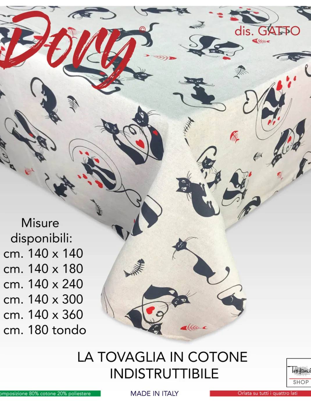 TOVAGLIA DORY GATTI DISEGNO gatto NERO in cotone