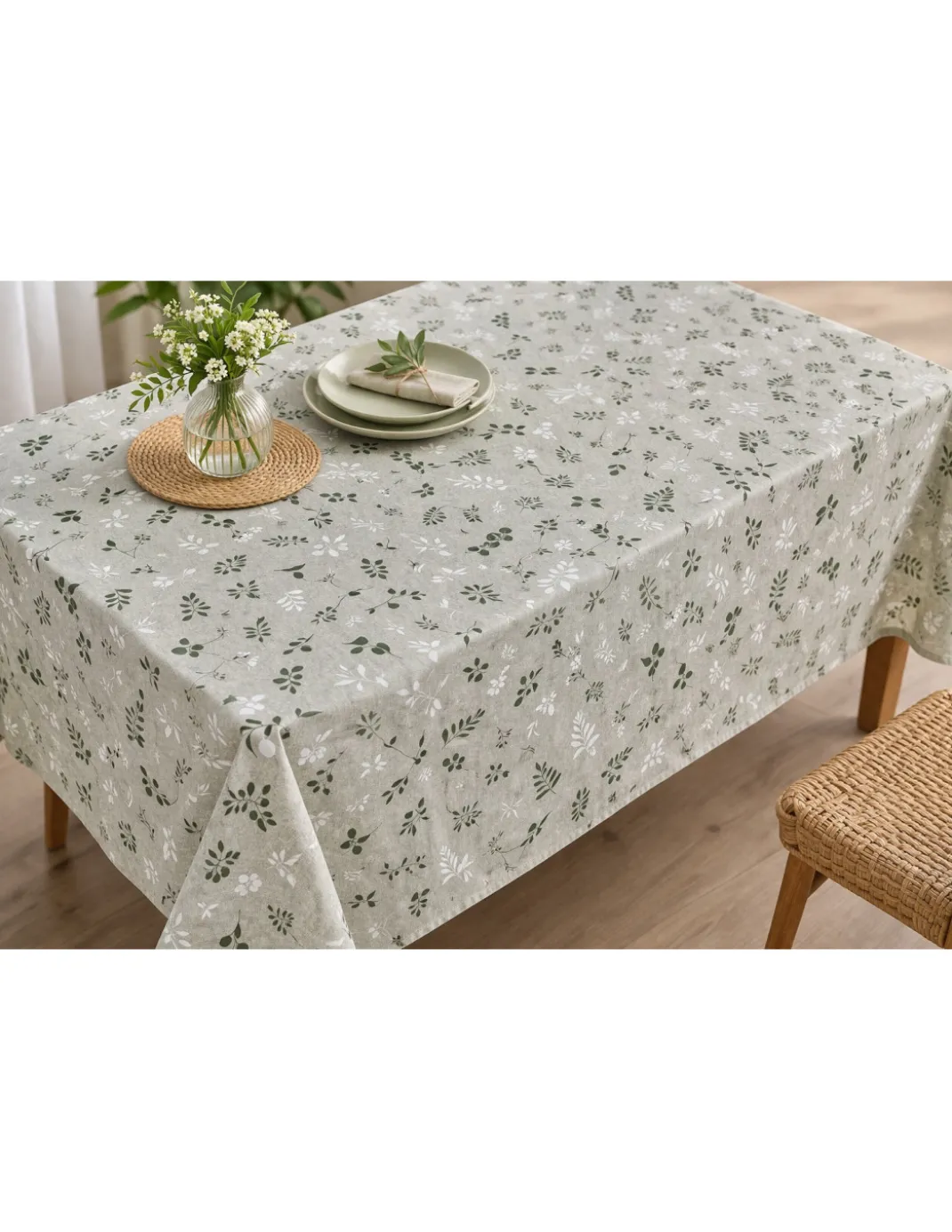 Tovaglia Dory Herbarium Tex Family, cotone pesante 80/20, stampa botanica verde salvia su fondo greige, 5 misure