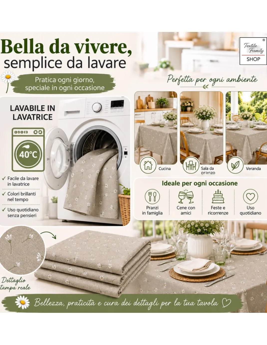 Tovaglia Dory Margheritine su Fondo Beige in Cotone Pesante 80/20 Made in Italy