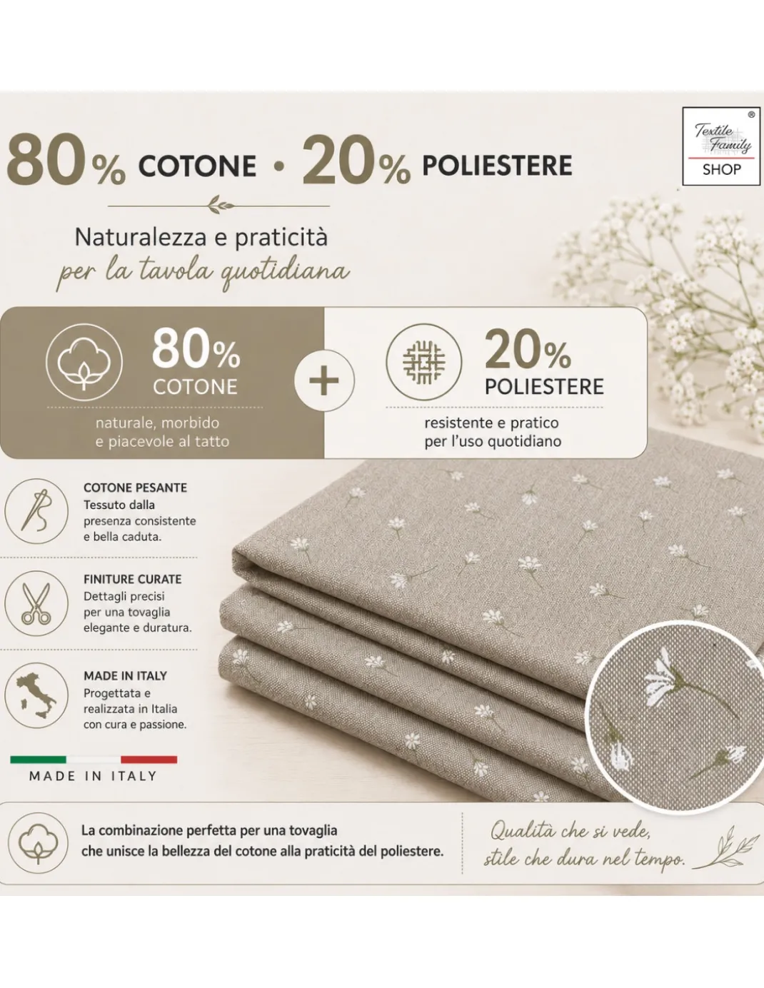 Tovaglia Dory Margheritine su Fondo Beige in Cotone Pesante 80/20 Made in Italy