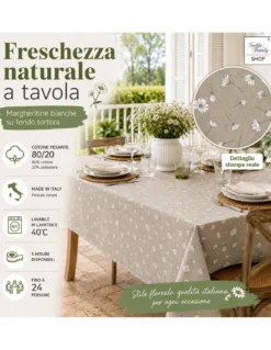 Tovaglia Dory Margheritine su Fondo Beige in Cotone Pesante 80/20 Made in Italy