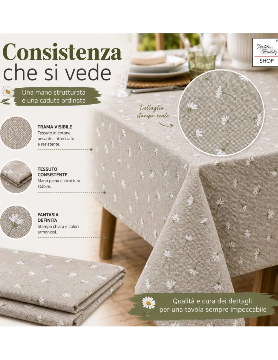 Tovaglia Dory Margheritine su Fondo Beige in Cotone Pesante 80/20 Made in Italy