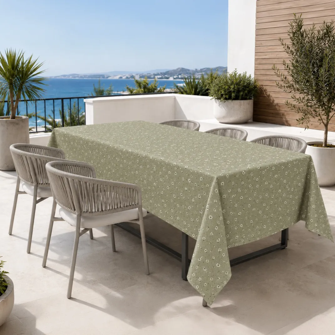 Tovaglia Dory Margheritine su Fondo Verde in Cotone Pesante 80/20 Made in Italy
