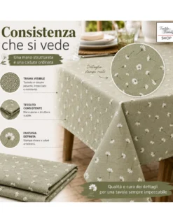 Tovaglia Dory Margheritine su Fondo Verde in Cotone Pesante 80/20 Made in Italy